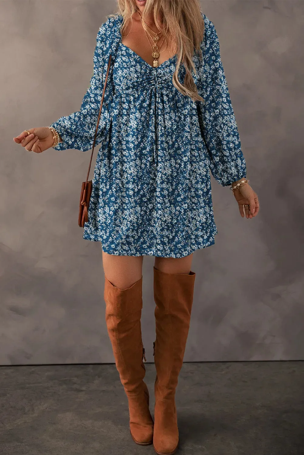 🌸 Ruched Printed Long Sleeve Mini Dress 🌸