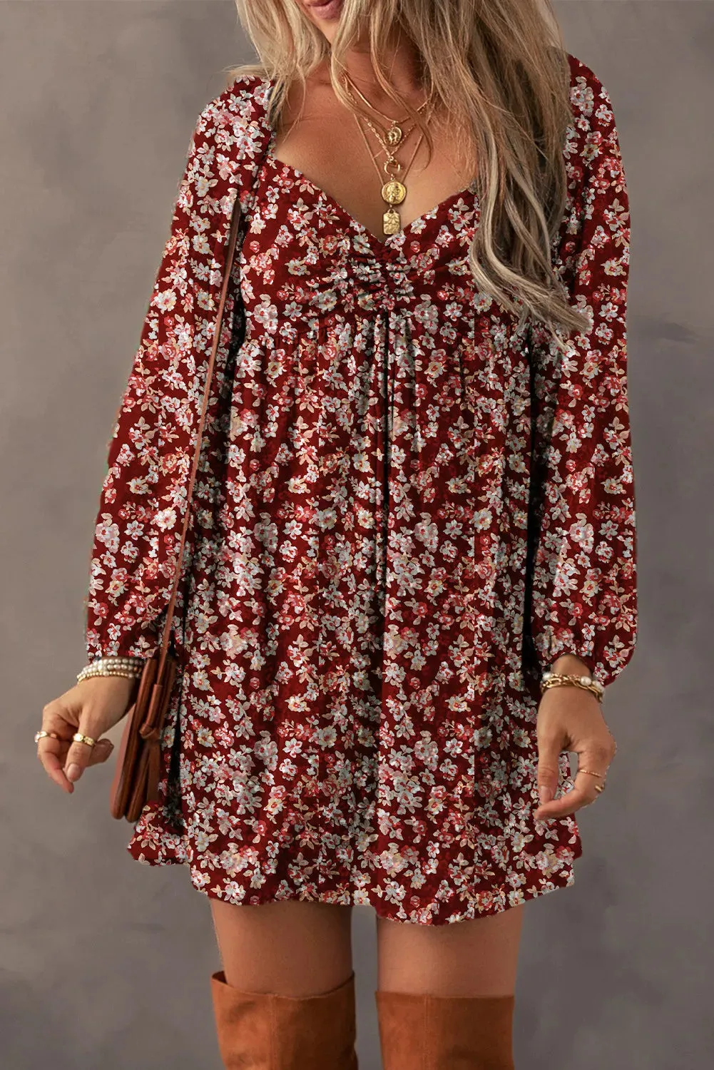 🌸 Ruched Printed Long Sleeve Mini Dress 🌸