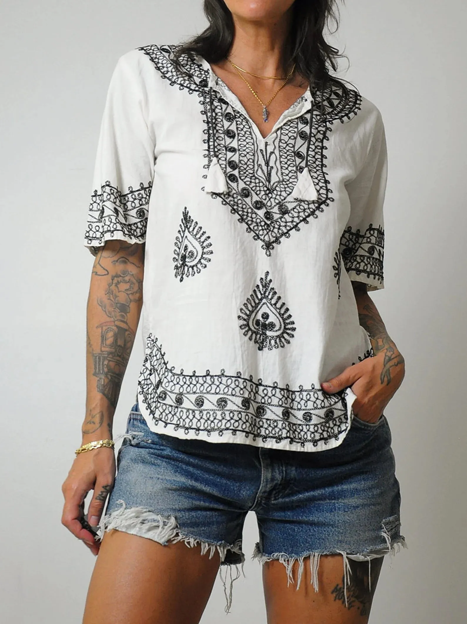 1970's Black Embroidered Blouse