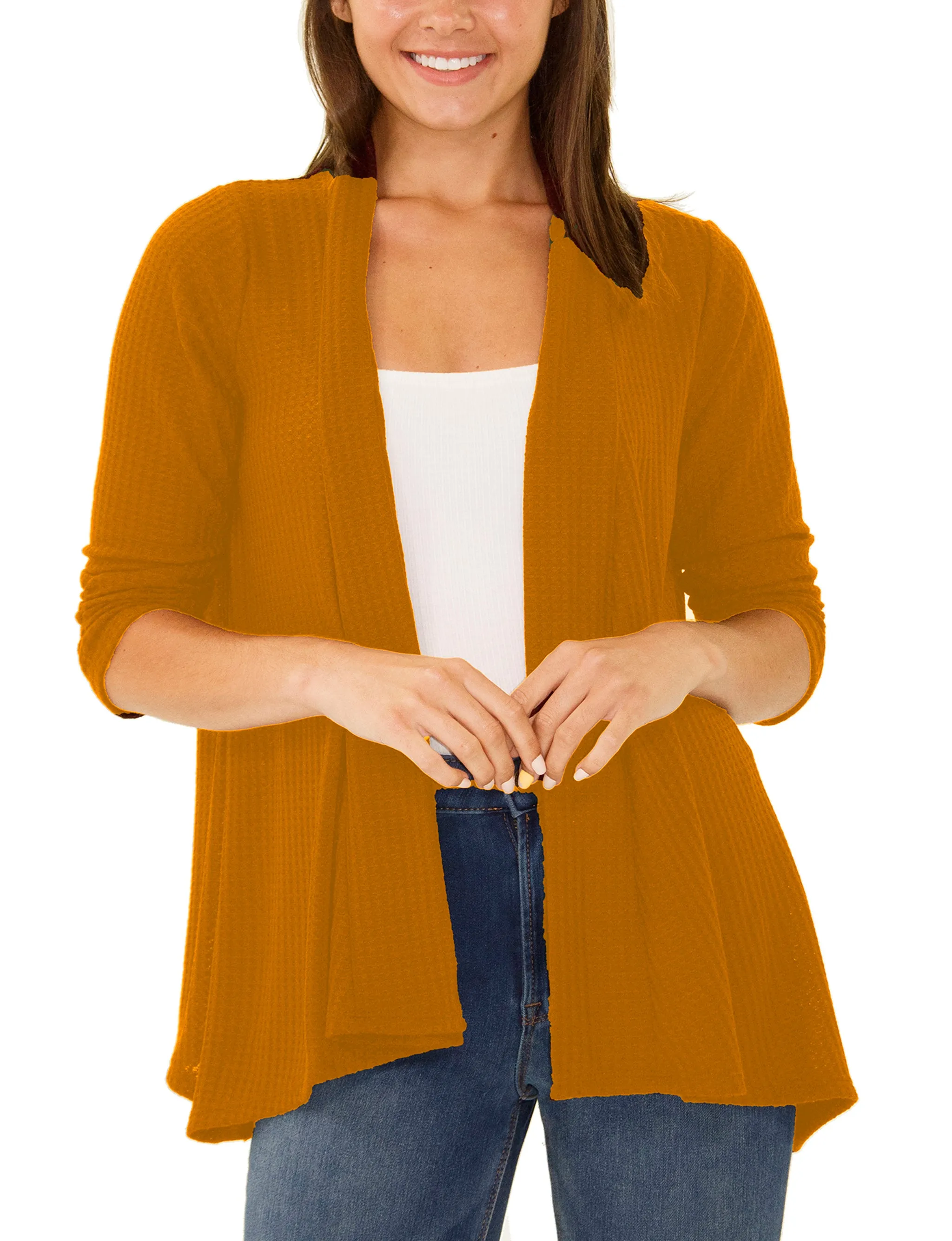 3/4 Sleeve Open Front Waffle Weave Cardigan