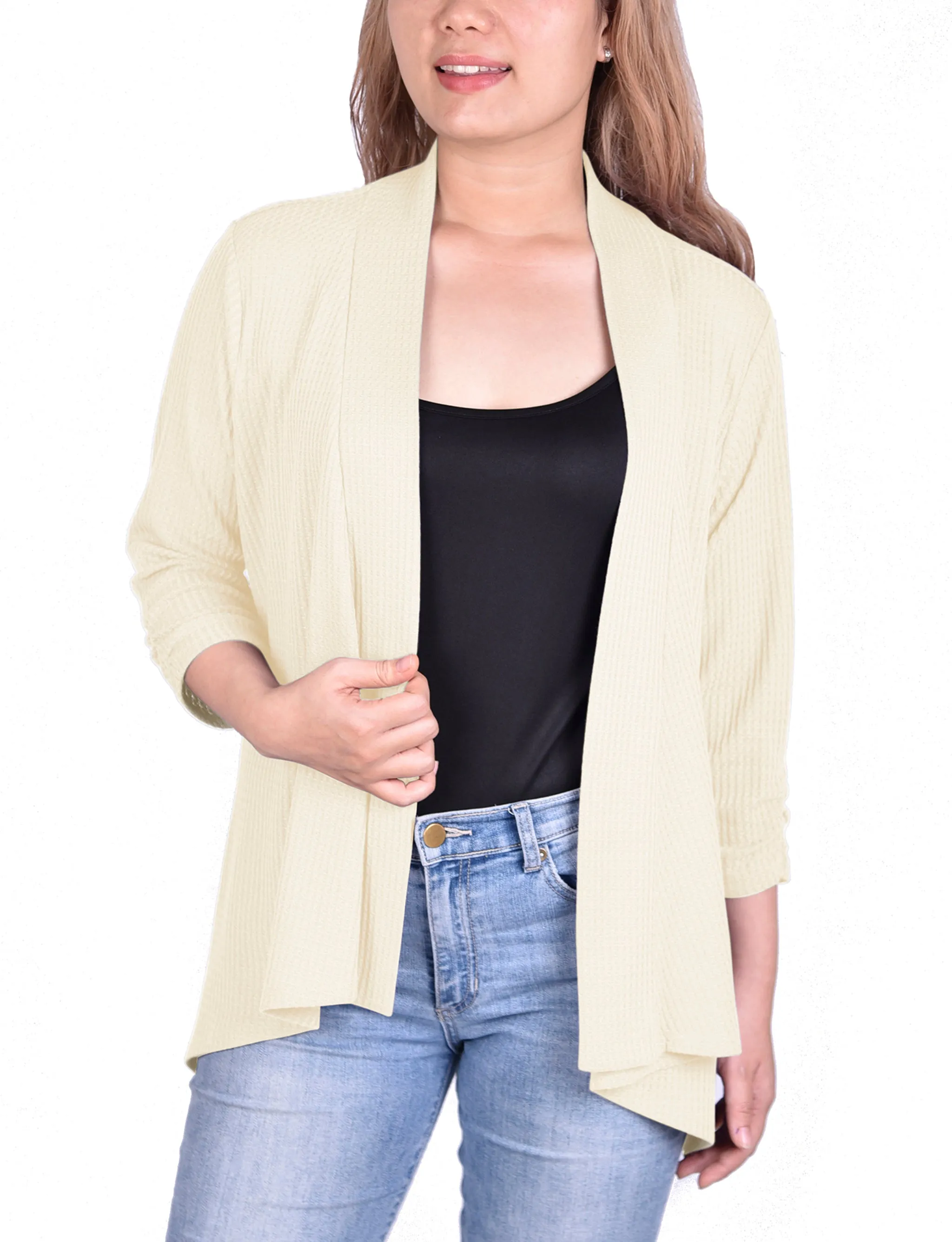 3/4 Sleeve Open Front Waffle Weave Cardigan