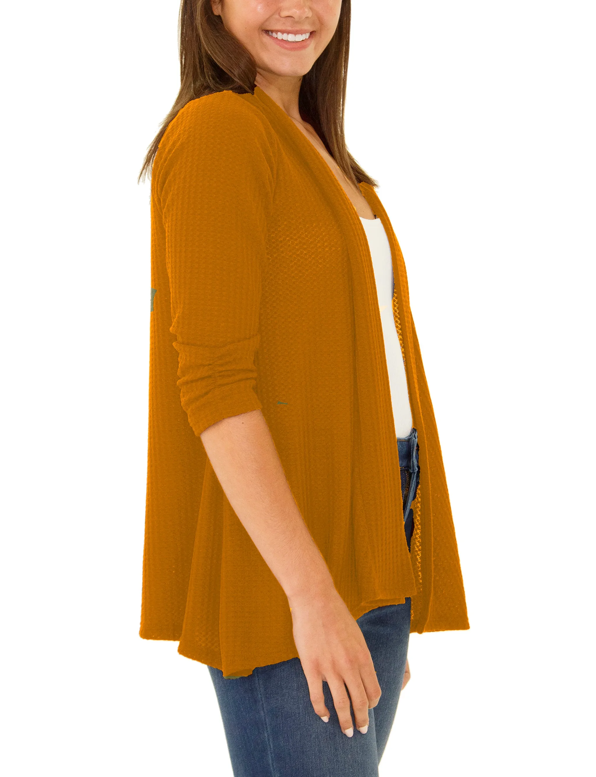 3/4 Sleeve Open Front Waffle Weave Cardigan