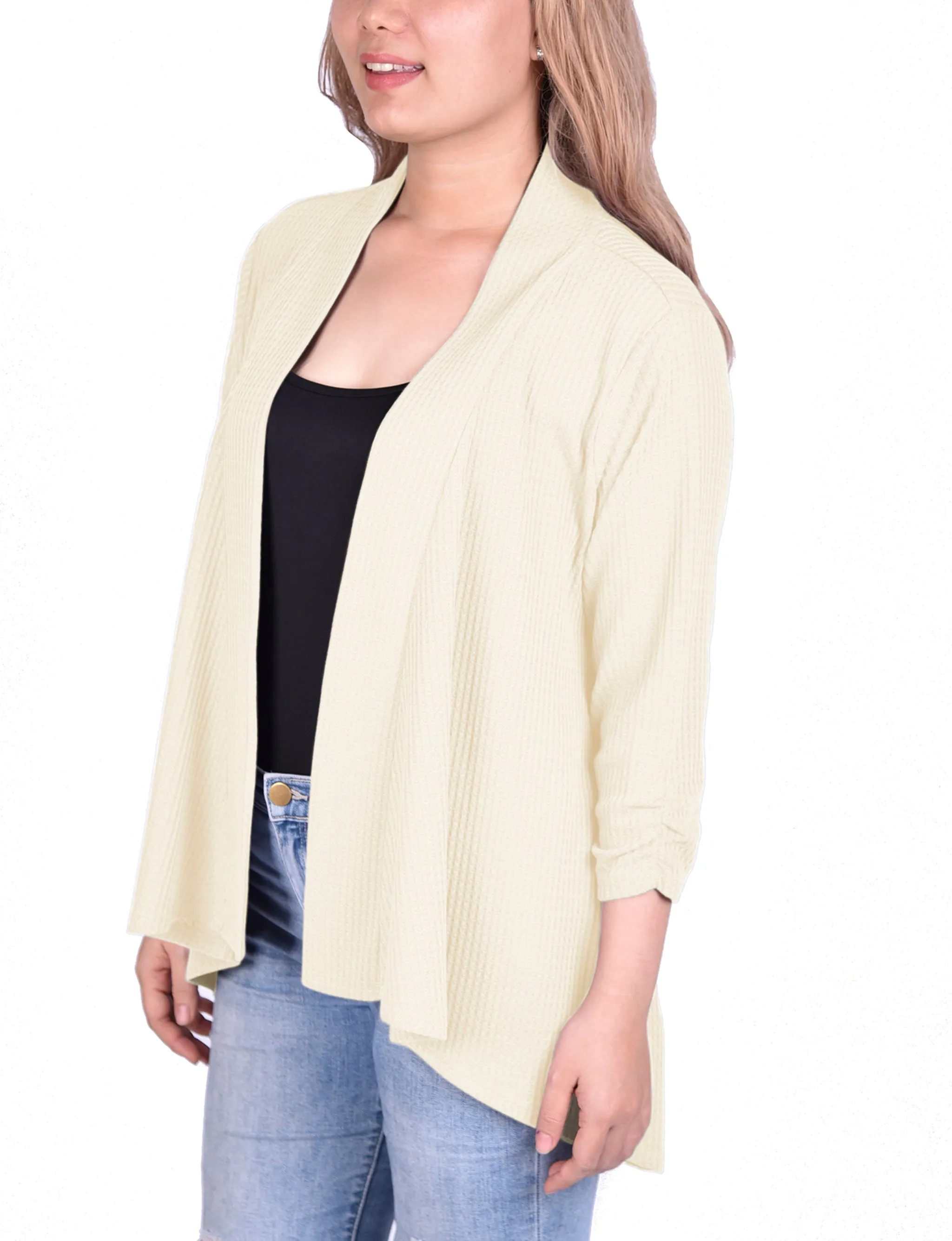 3/4 Sleeve Open Front Waffle Weave Cardigan