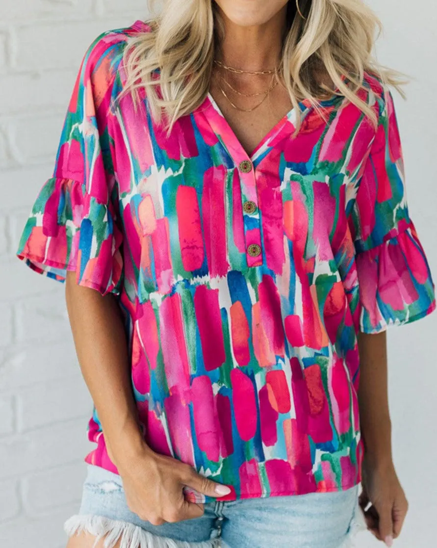 Abstract Brushwork V-Neck Blouse