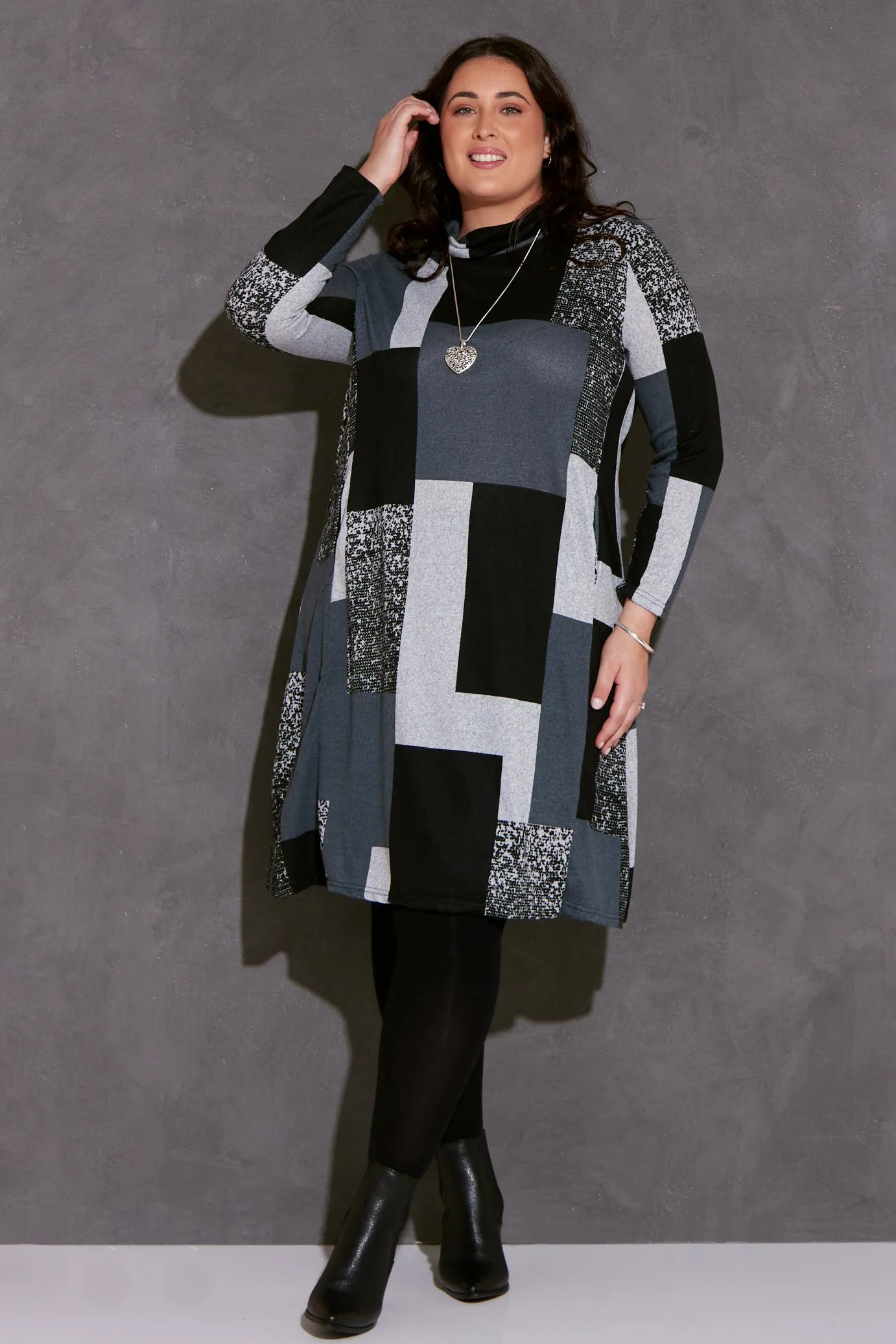 Astrid Tunic Dress - Charcoal Geo Patch