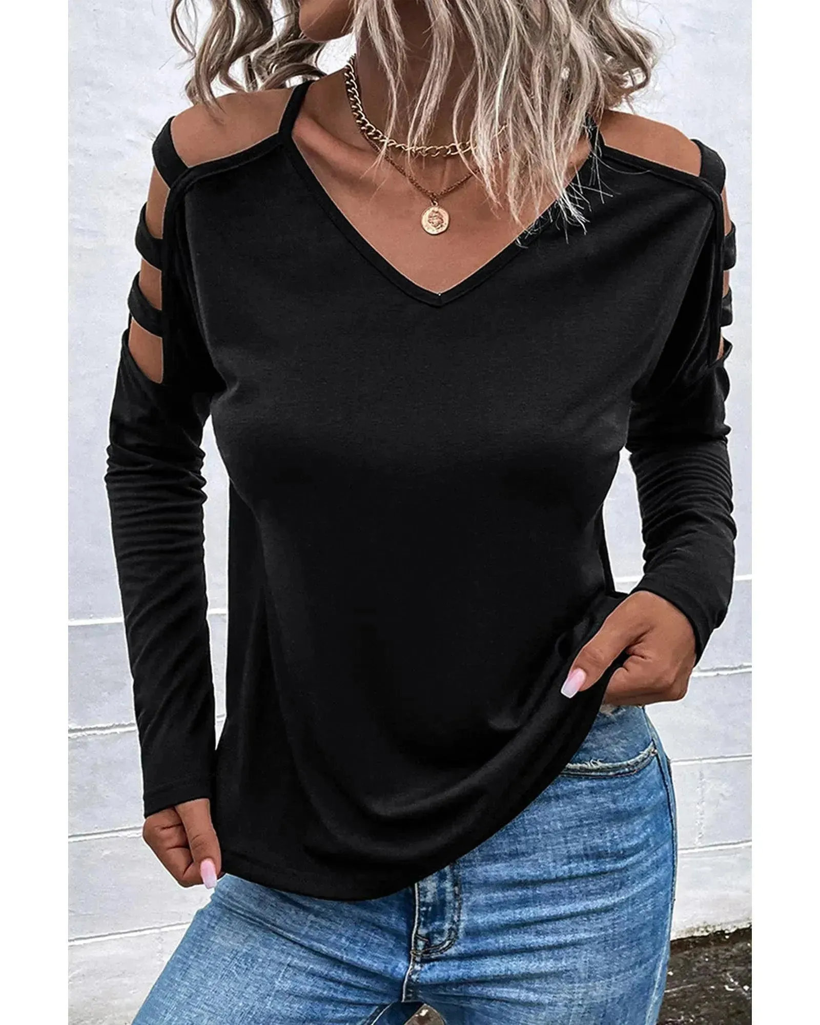 Azura Exchange Cold Shoulder Cut Out Long Sleeve Top - M