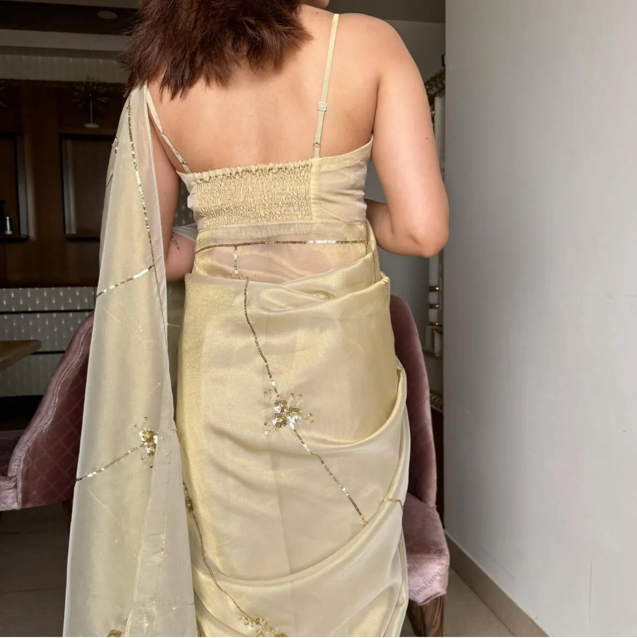 Beige Color Tissue Jimmy Choo Saree with Exquisite Handwork – Complete with Running Blouse