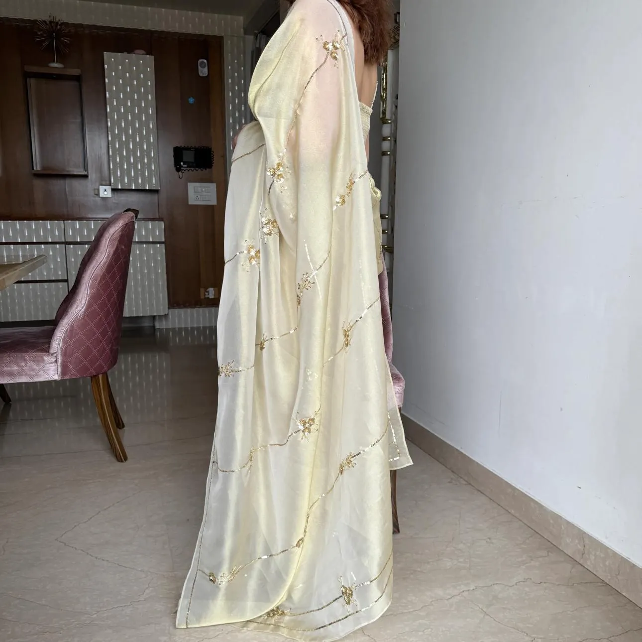 Beige Color Tissue Jimmy Choo Saree with Exquisite Handwork – Complete with Running Blouse