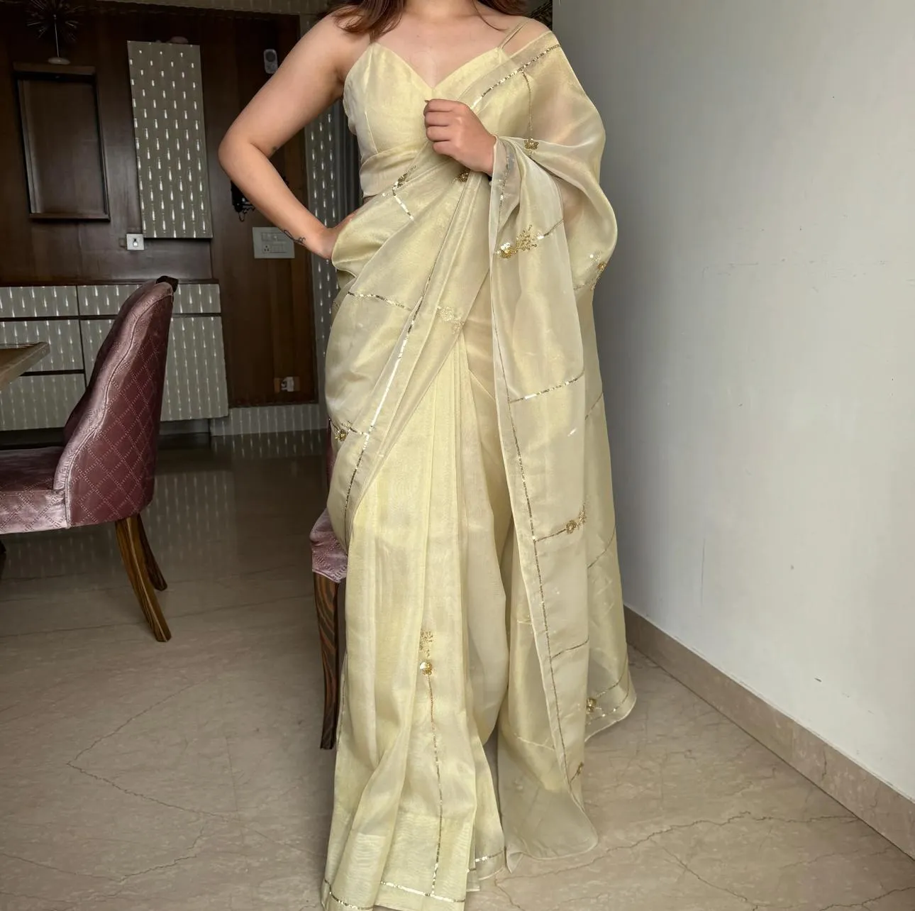 Beige Color Tissue Jimmy Choo Saree with Exquisite Handwork – Complete with Running Blouse