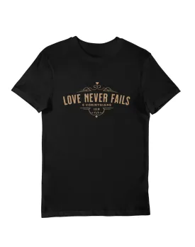 Black "Love Never Fails" Christian Graphic Tee