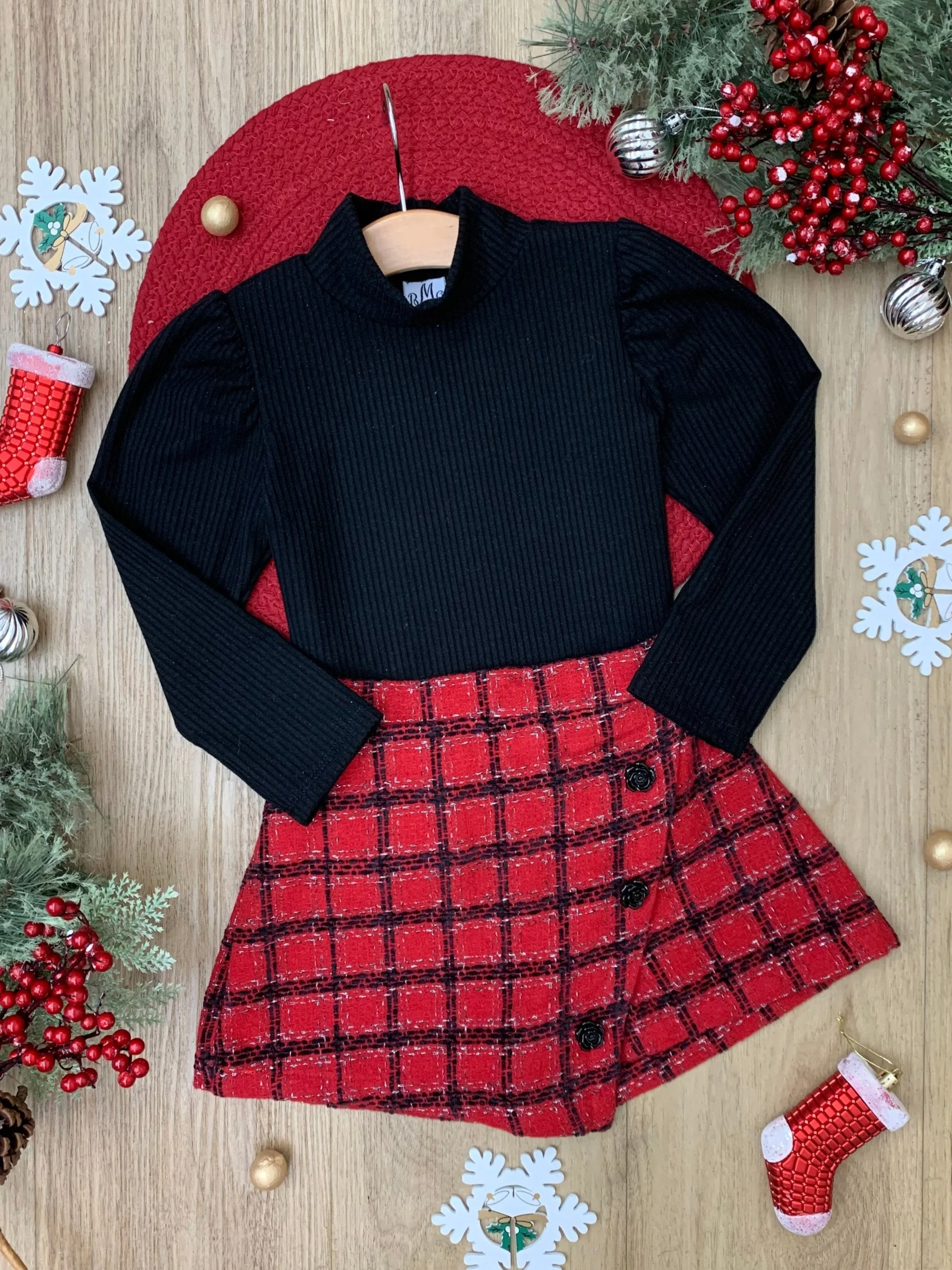 Black Turtleneck Top And Red Tweed Skirt Set