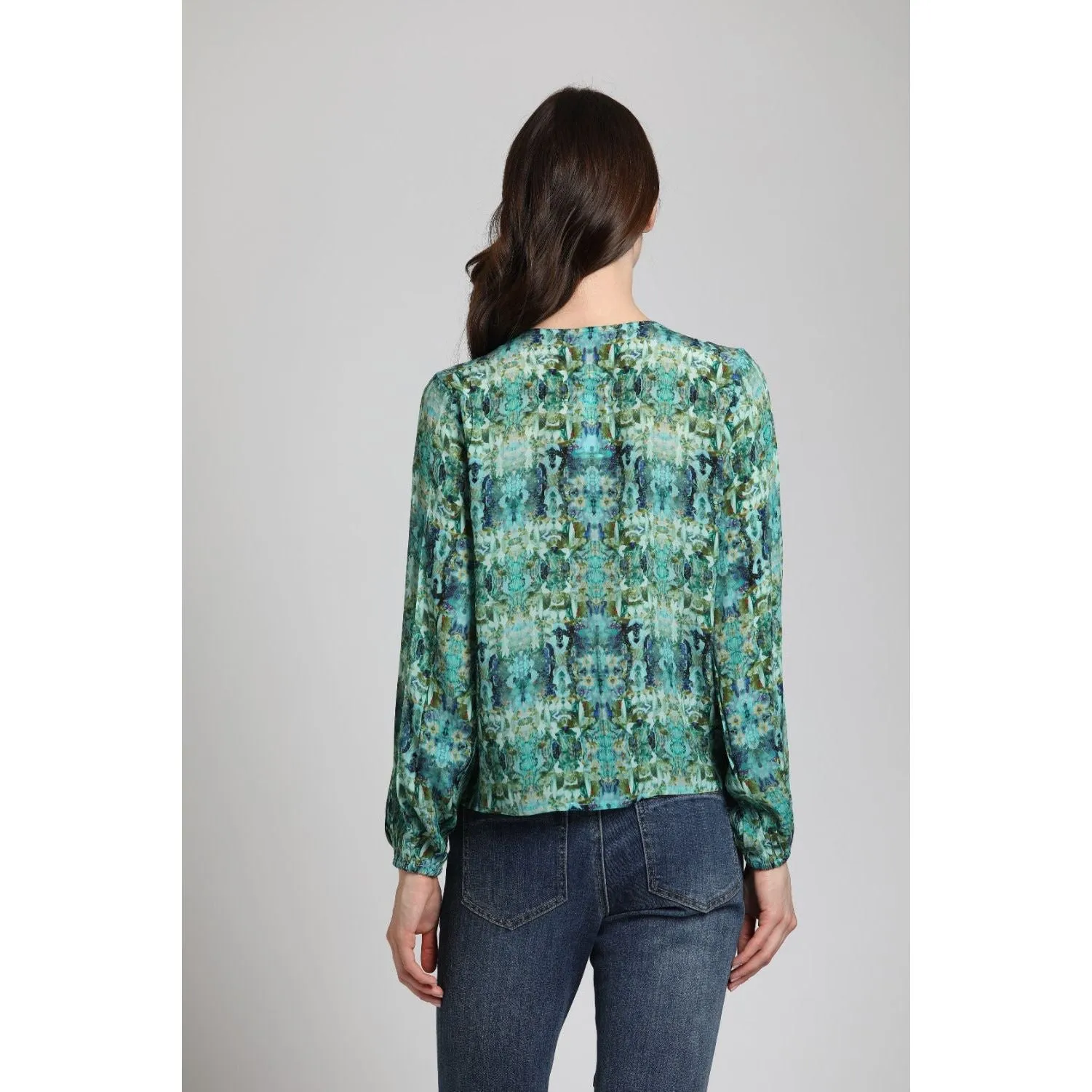 Blue Green Multi Print V-Neck Tie Front Top