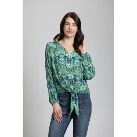 Blue Green Multi Print V-Neck Tie Front Top