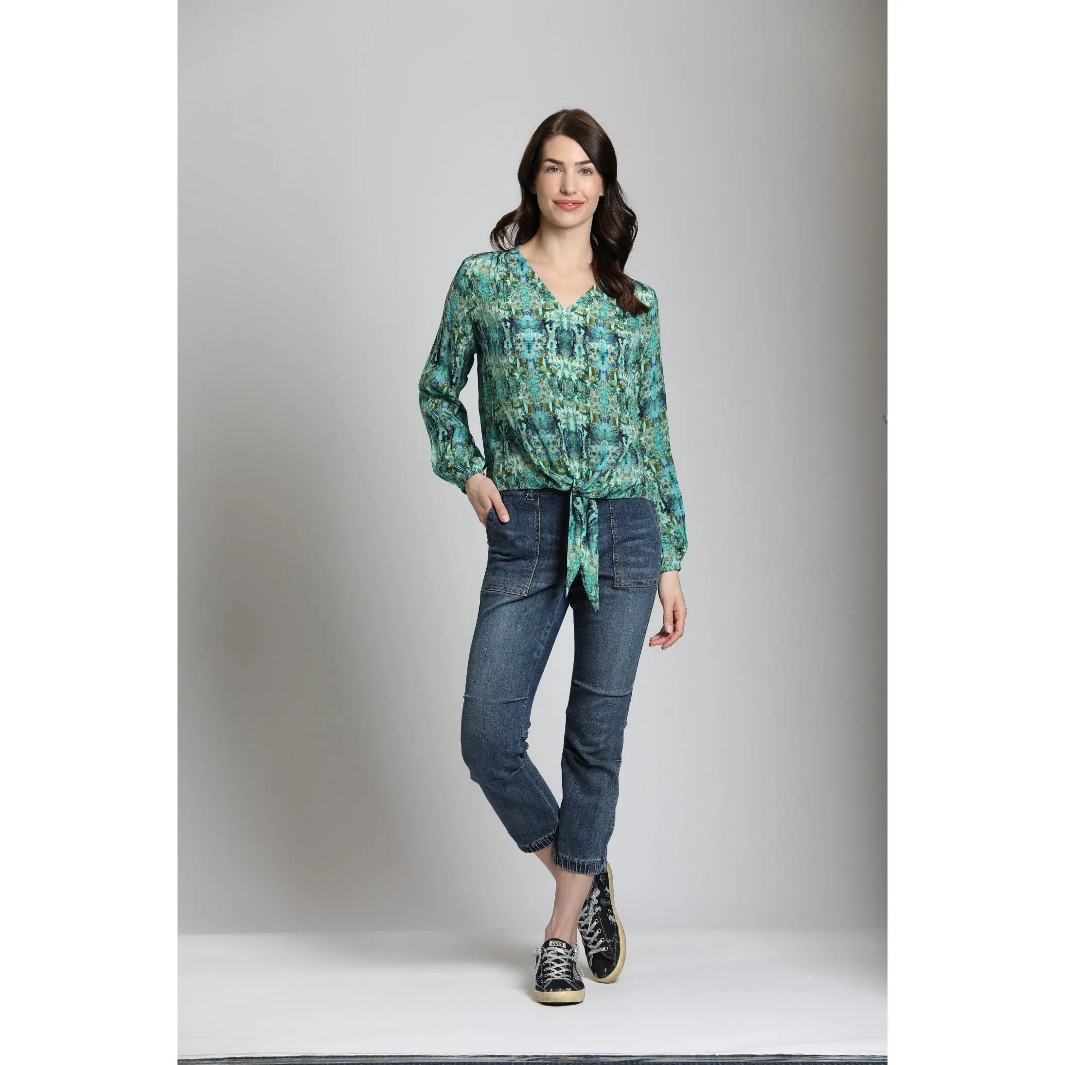 Blue Green Multi Print V-Neck Tie Front Top