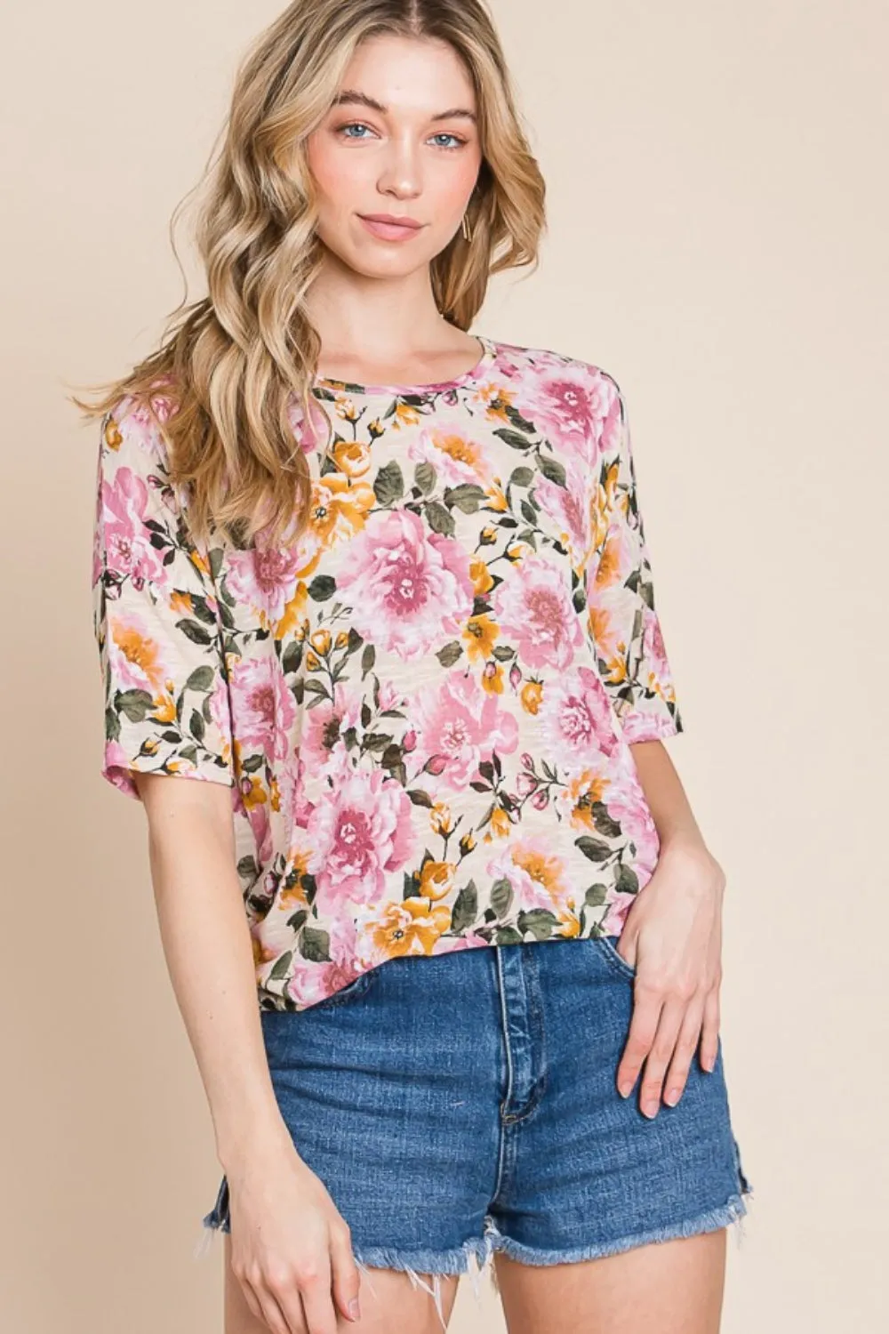 BOMBOM Floral Round Neck T-Shirt