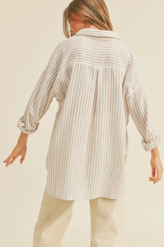 Chandler Long Sleeve Stripe Print Button Down Top Beige