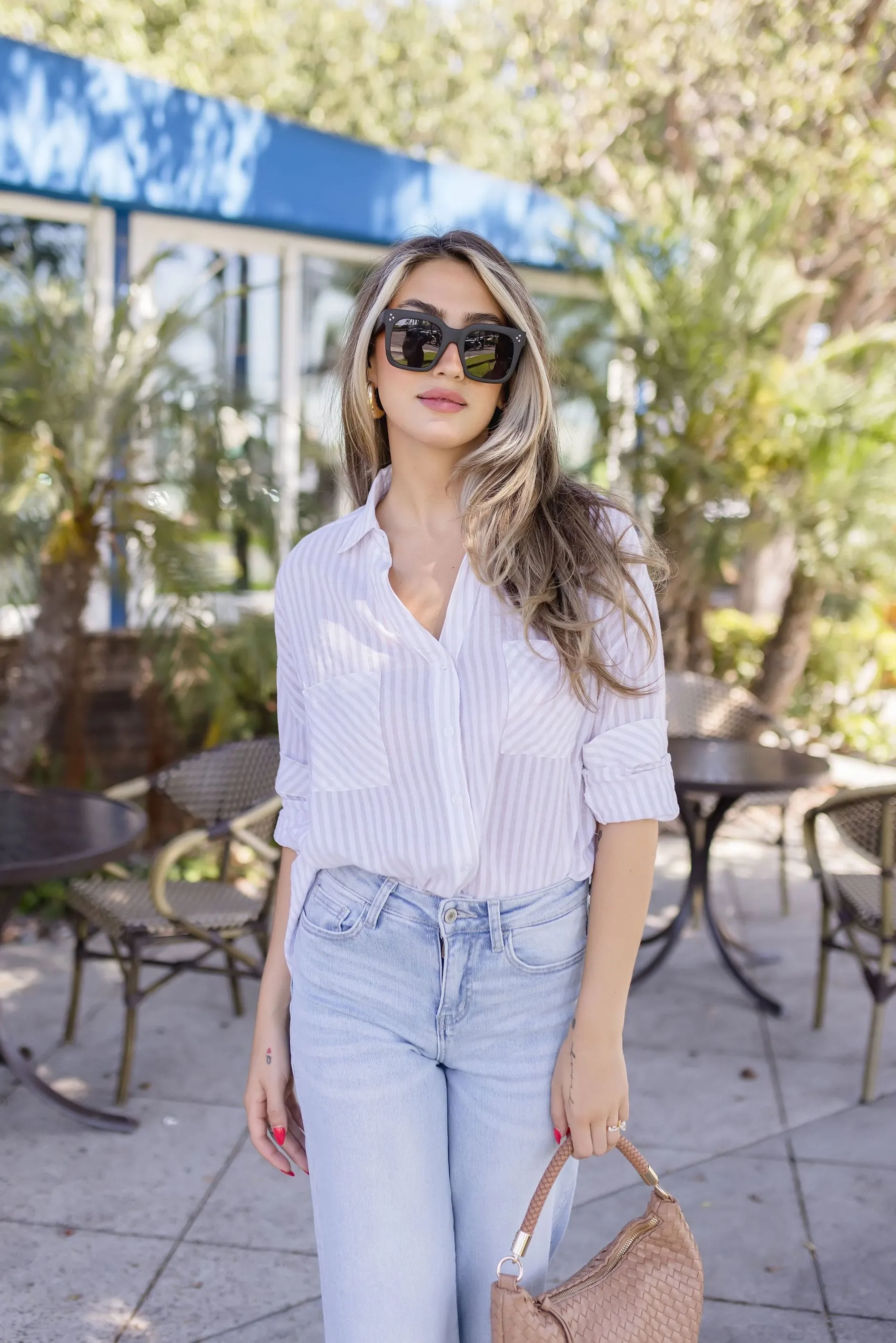 Chandler Long Sleeve Stripe Print Button Down Top Beige