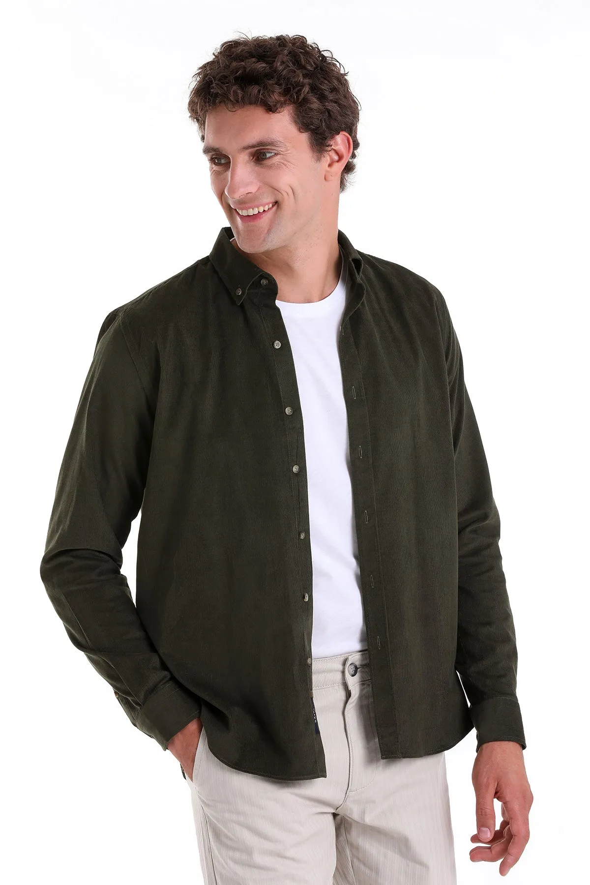 Comfort Fit Long Sleeve Cotton Khaki Casual Shirt