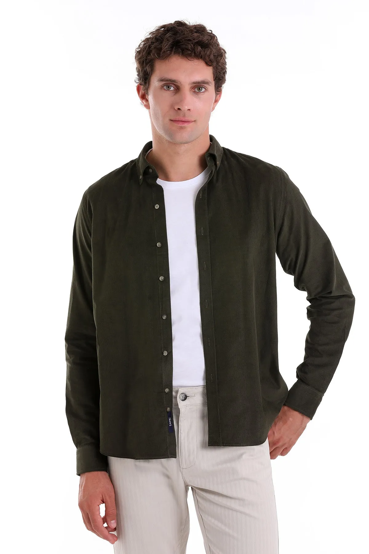 Comfort Fit Long Sleeve Cotton Khaki Casual Shirt