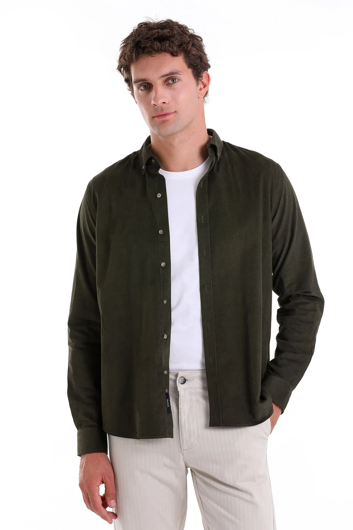 Comfort Fit Long Sleeve Cotton Khaki Casual Shirt