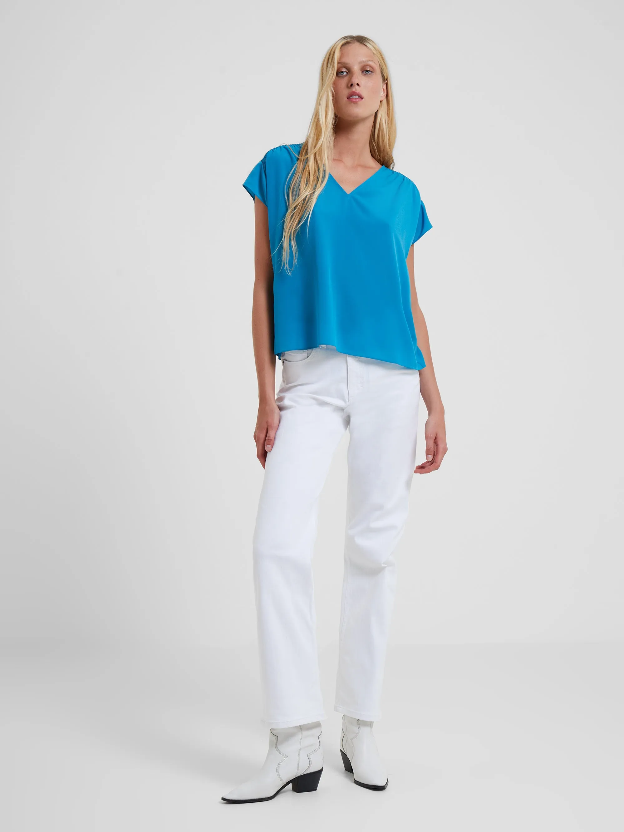 Crepe Light Smocked Shoulder V-Neck Top