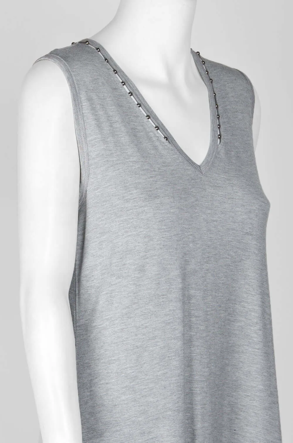 Elie Tahari Embellished V-Neck Sleeveless High Low Hem Solid Jersey Top