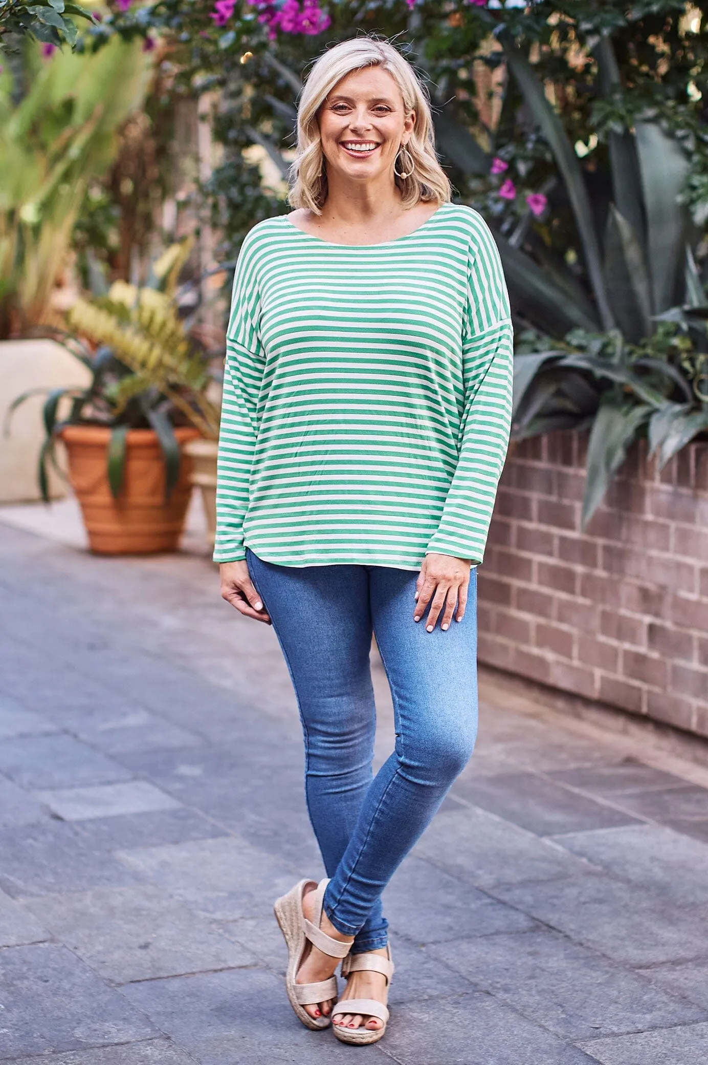 Erica Essential Top Round Neck Striped Emerald