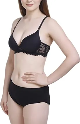 FIMS - Fashion is my style Women's Cotton Padded Non-Wired Push-Up Bra Panty Set (Black_PaddedBra Panty Set_Panty_34_Black_34)