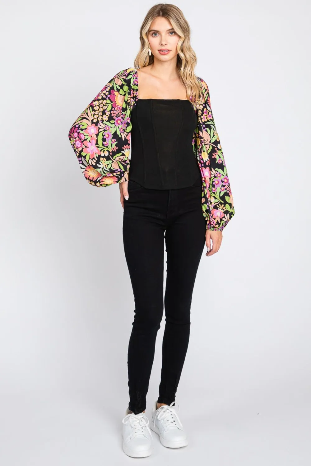 Full Size Floral Balloon Sleeve Resort Blouse