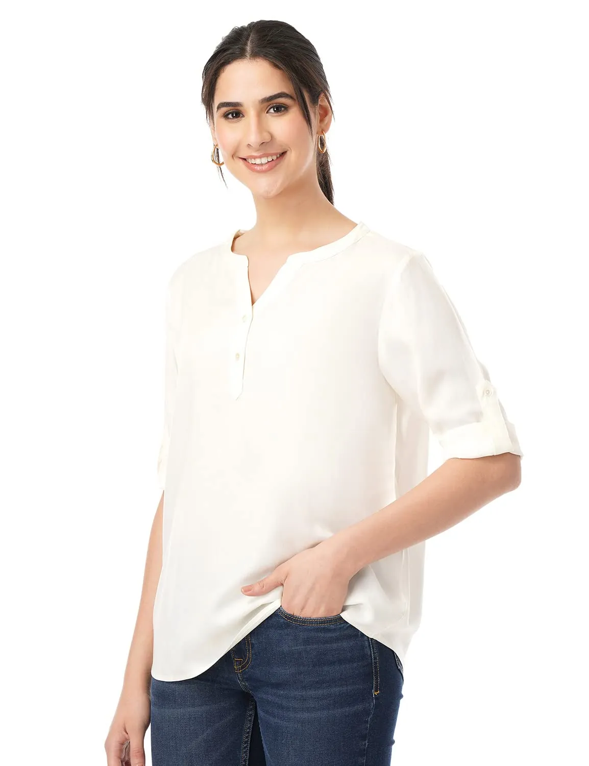 FYLTR Women's Solid Regular Fit Blouse (FYLSS23WB-025_Ivory White L)