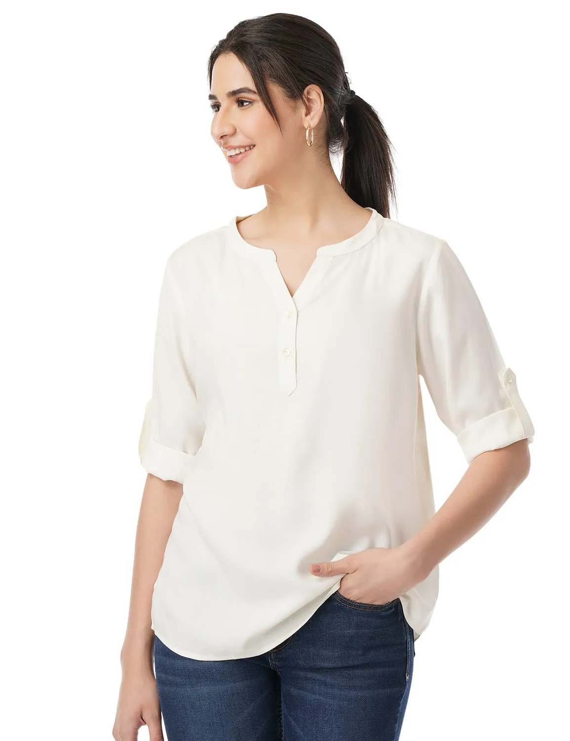 FYLTR Women's Solid Regular Fit Blouse (FYLSS23WB-025_Ivory White L)