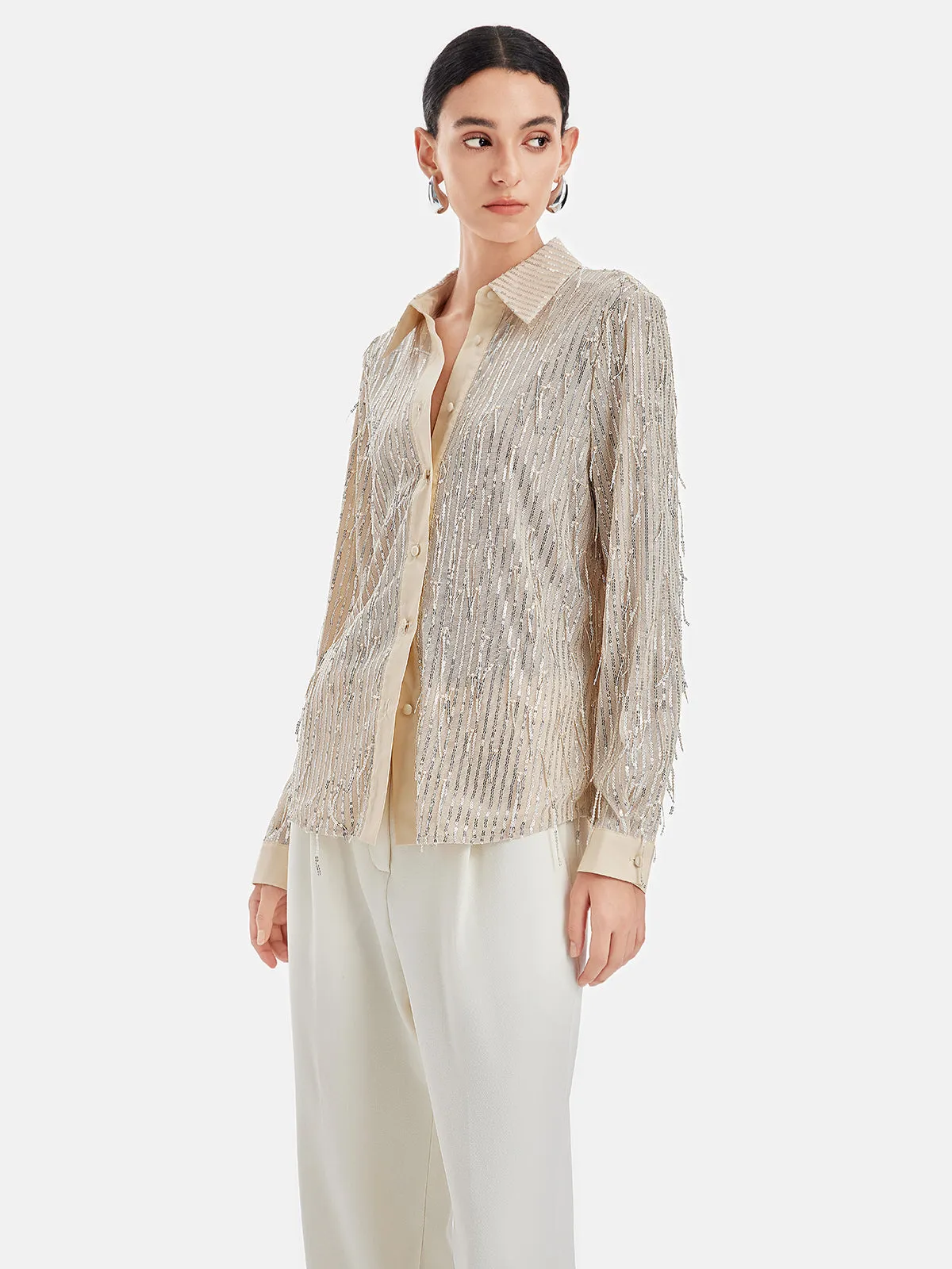 Glamorous Sequin Fringe Sheer Blouse