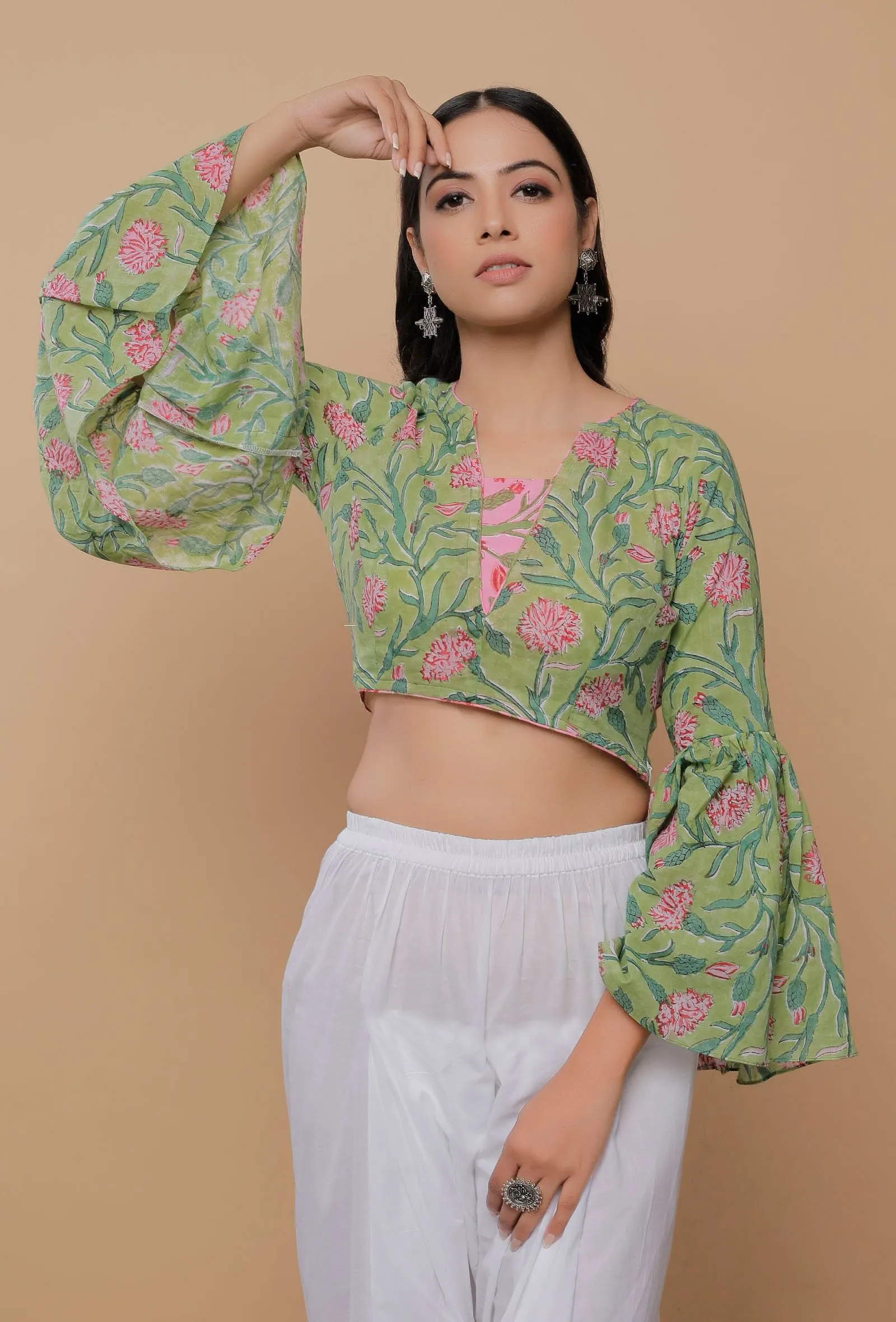 Green And Pink Handblock Printed Cotton V Neck Flat Collar Blouse