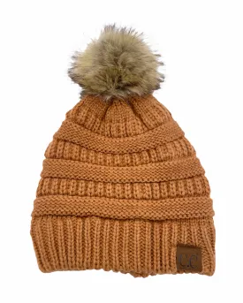 Hat-43 BEANIE W/FAUX FUR POM - TOAST ALMOND