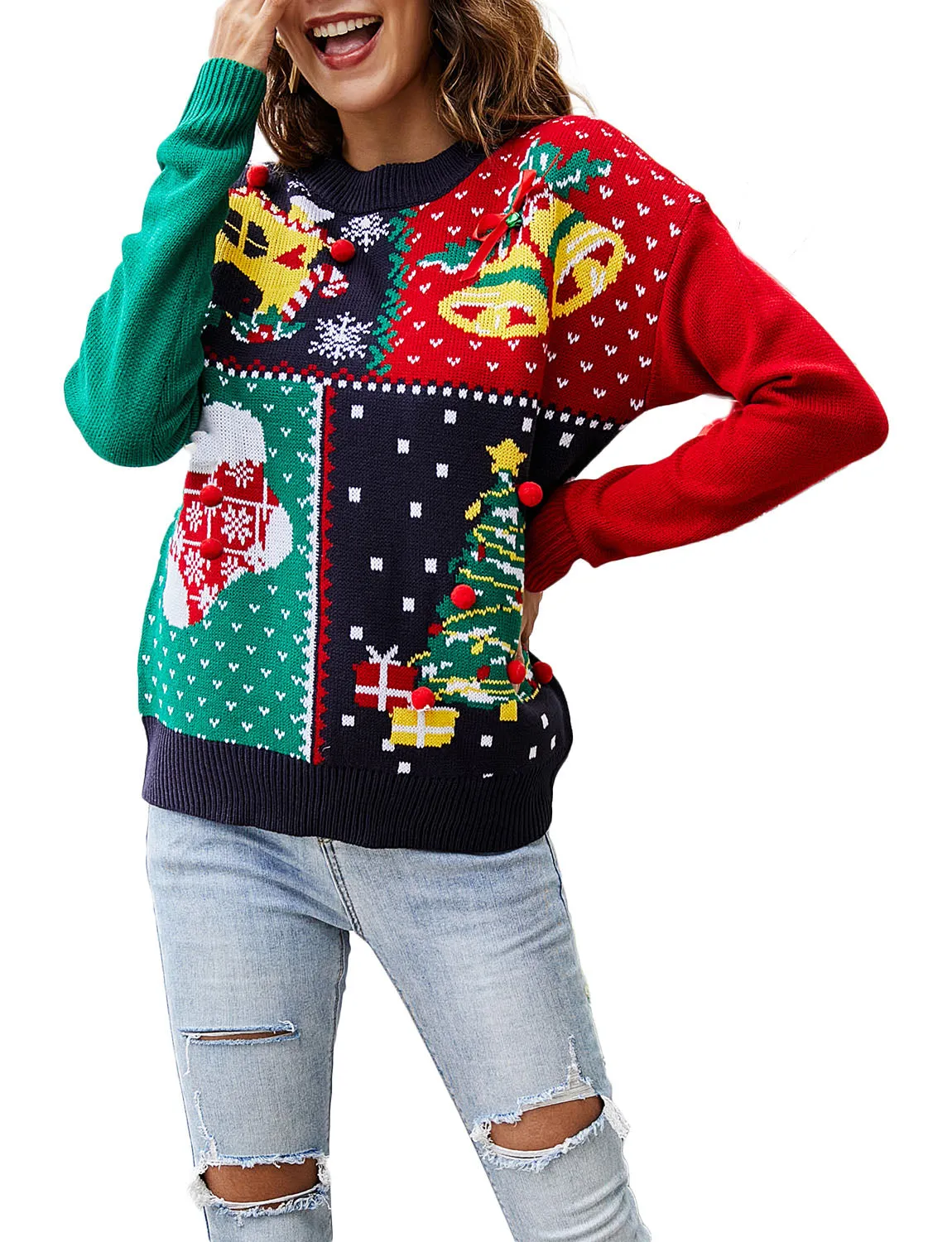 iB-iP Women's Casual Stitching Pattern Christmas Top Long Sleeve Pullover Sweater