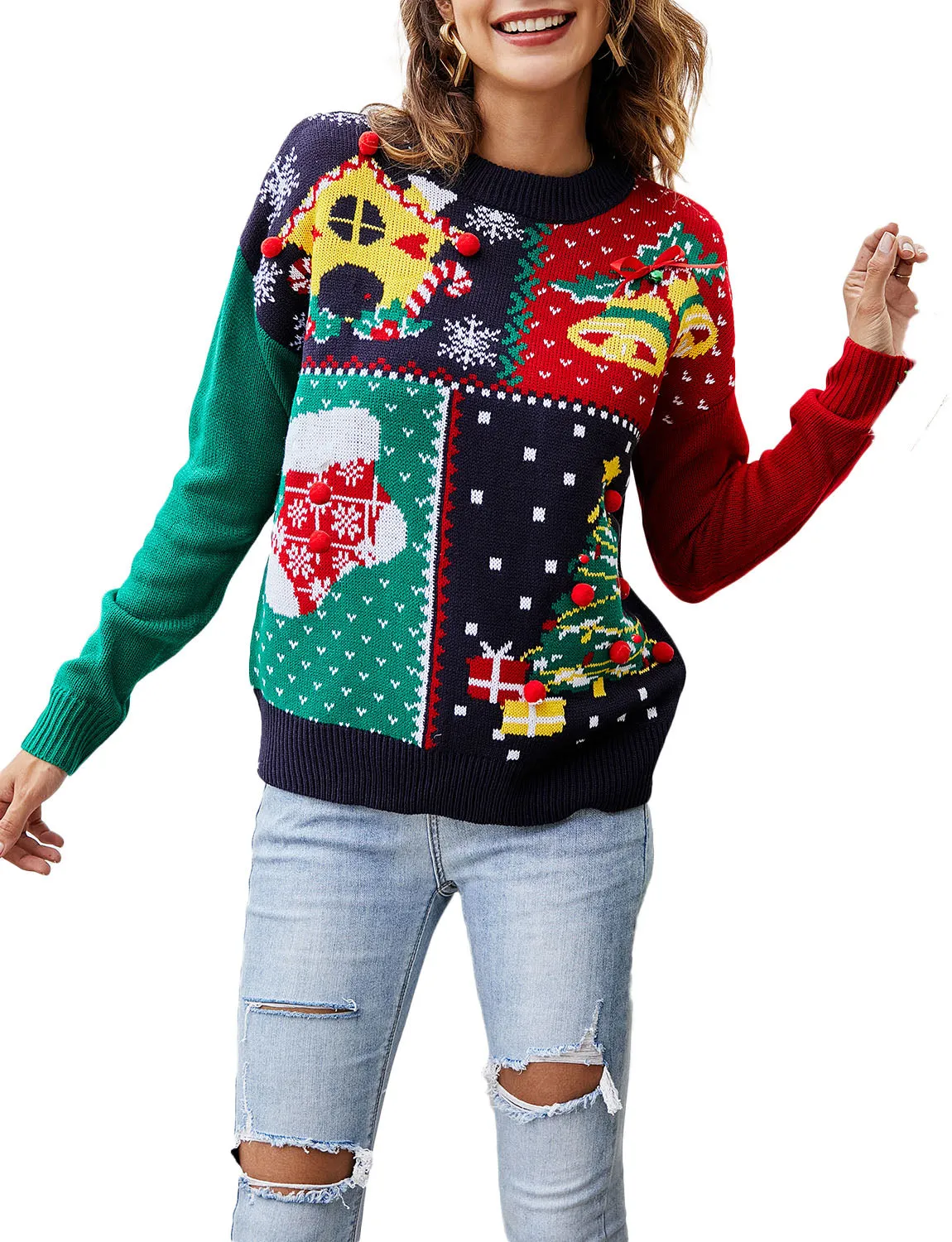 iB-iP Women's Casual Stitching Pattern Christmas Top Long Sleeve Pullover Sweater