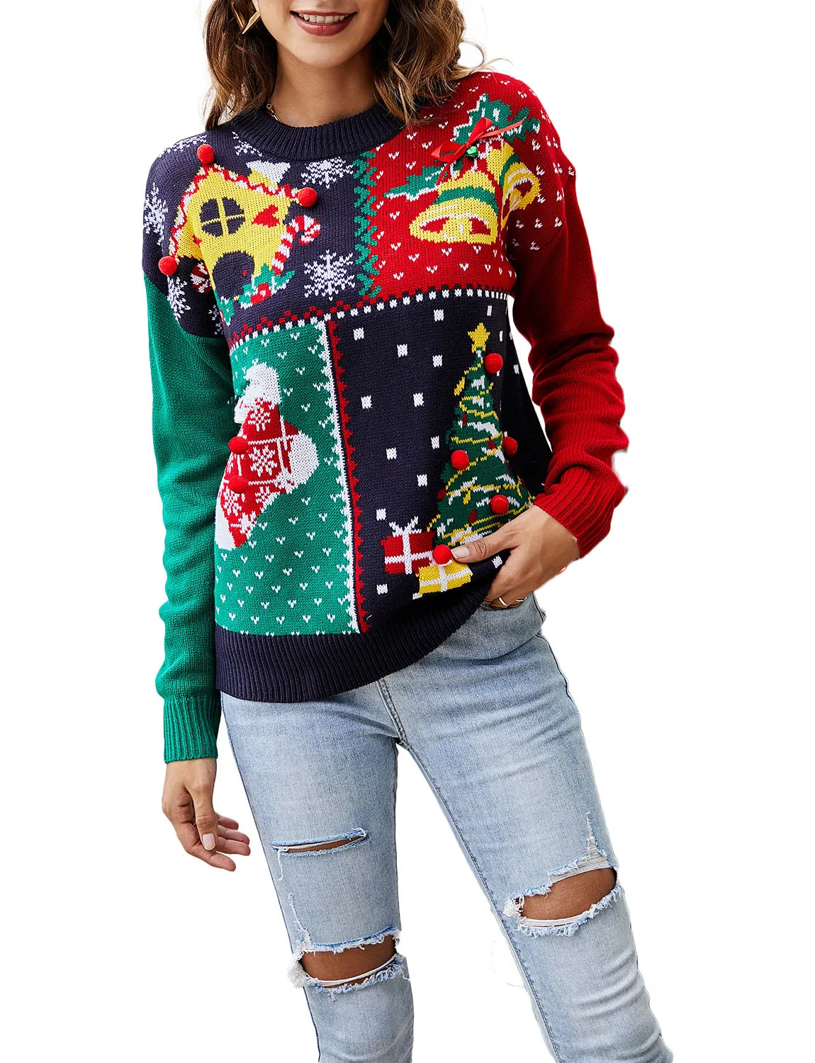 iB-iP Women's Casual Stitching Pattern Christmas Top Long Sleeve Pullover Sweater