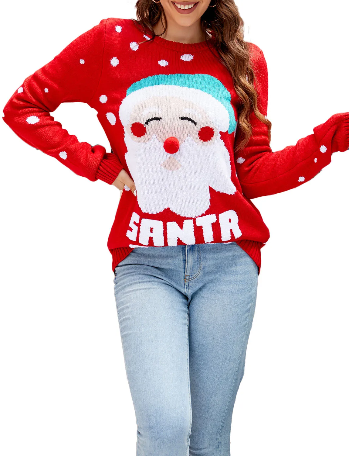 iB-iP Women's Christmas Santa Claus Casual Top Long Sleeve Pullover Sweater