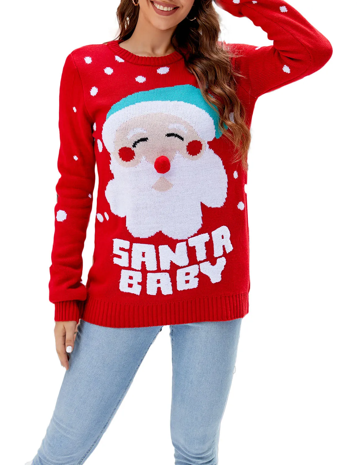 iB-iP Women's Christmas Santa Claus Casual Top Long Sleeve Pullover Sweater