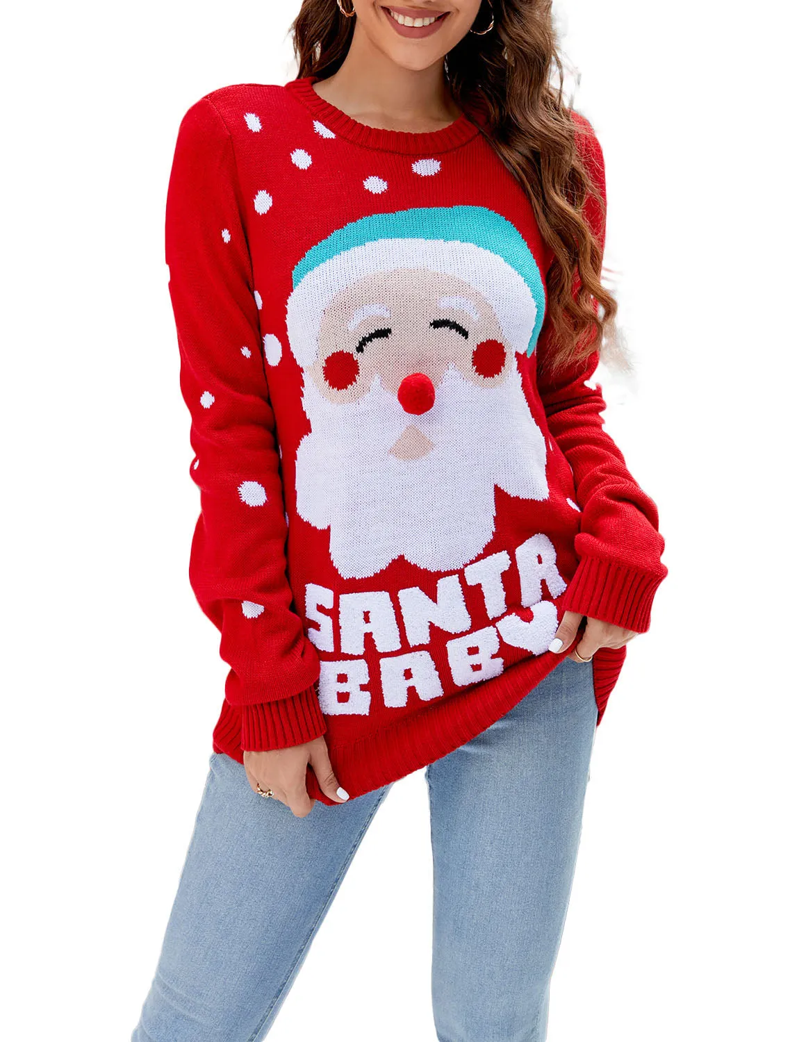 iB-iP Women's Christmas Santa Claus Casual Top Long Sleeve Pullover Sweater