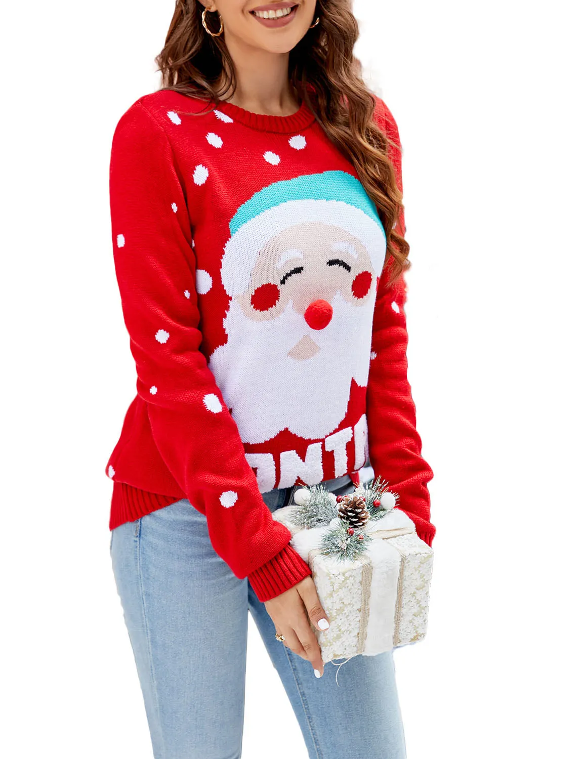 iB-iP Women's Christmas Santa Claus Casual Top Long Sleeve Pullover Sweater