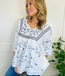 Ivory Black Embroidered Boho Blouse