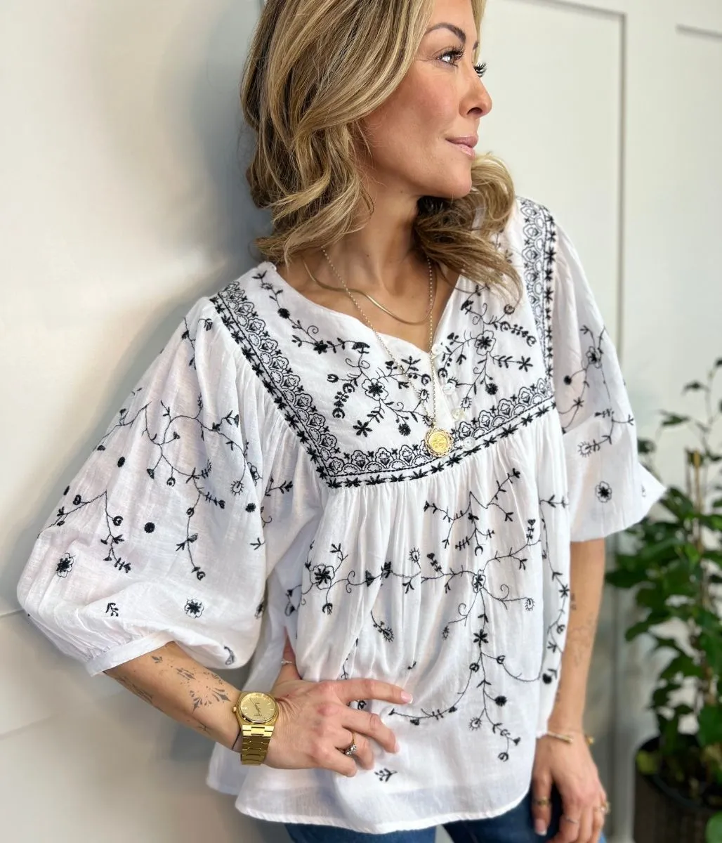 Ivory Black Embroidered Boho Blouse