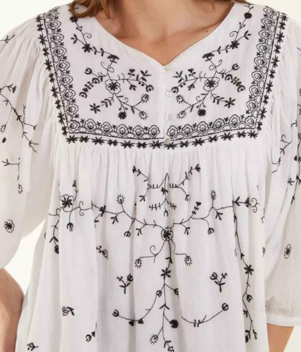 Ivory Black Embroidered Boho Blouse