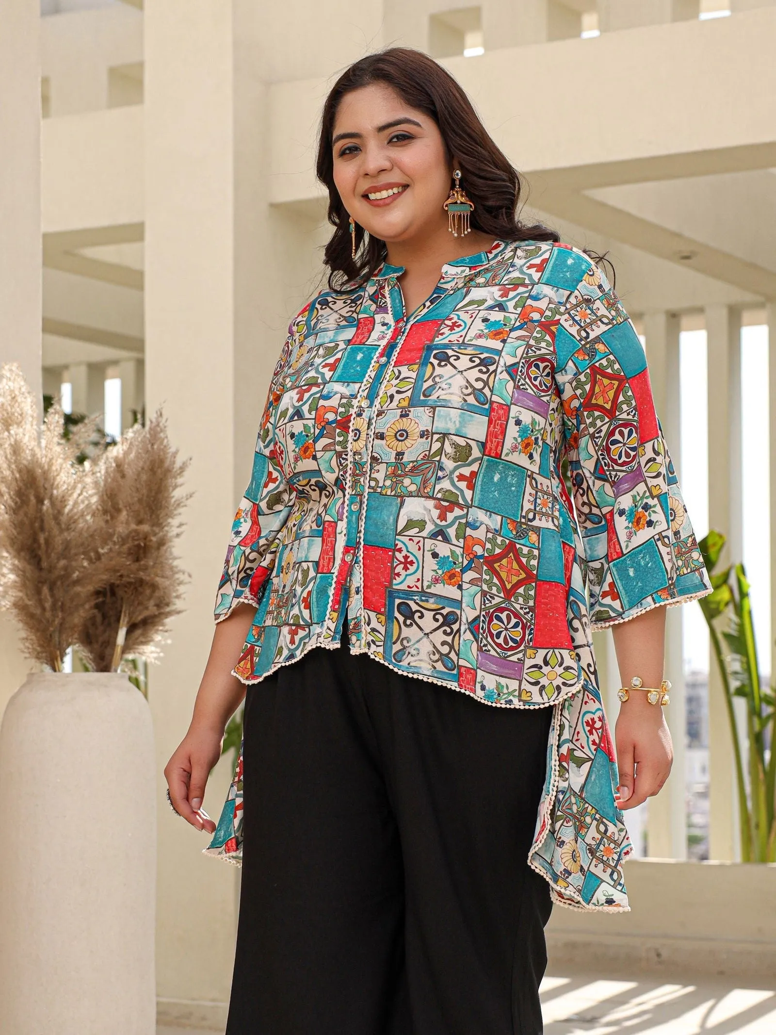 Jashvi Blue Rayon Ethnic Motif Printed High-Lacy Plus Size Tunic