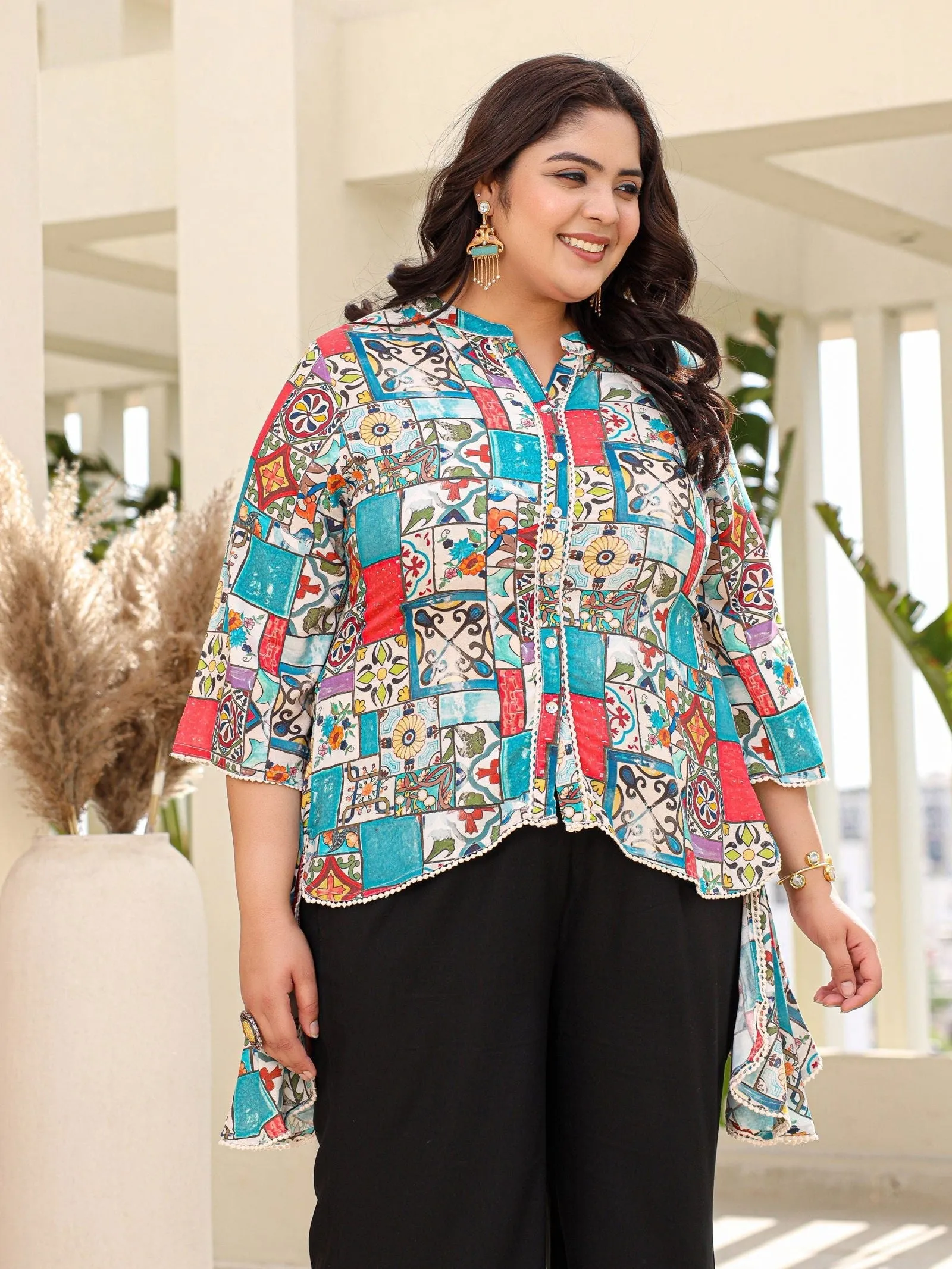 Jashvi Blue Rayon Ethnic Motif Printed High-Lacy Plus Size Tunic