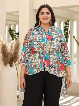 Jashvi Blue Rayon Ethnic Motif Printed High-Lacy Plus Size Tunic