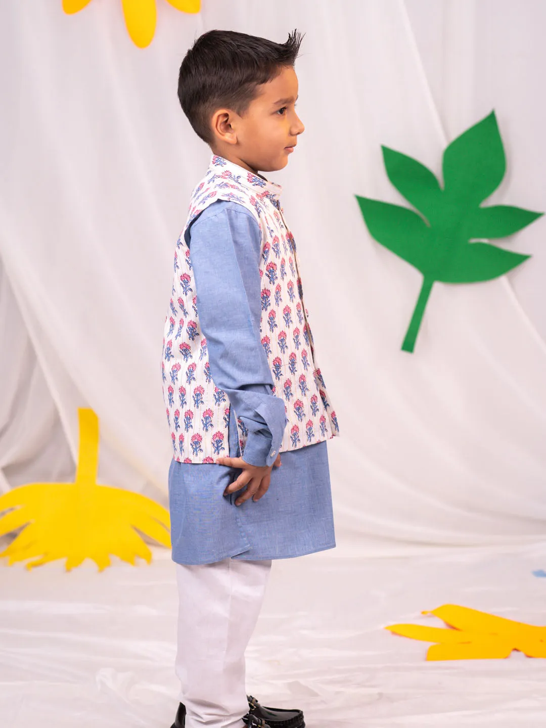 Jashvi Boys' Gray And White Jacket, Kurta and Pyjama Set