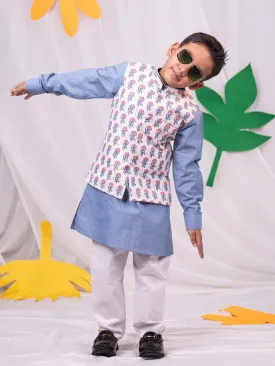 Jashvi Boys' Gray And White Jacket, Kurta and Pyjama Set