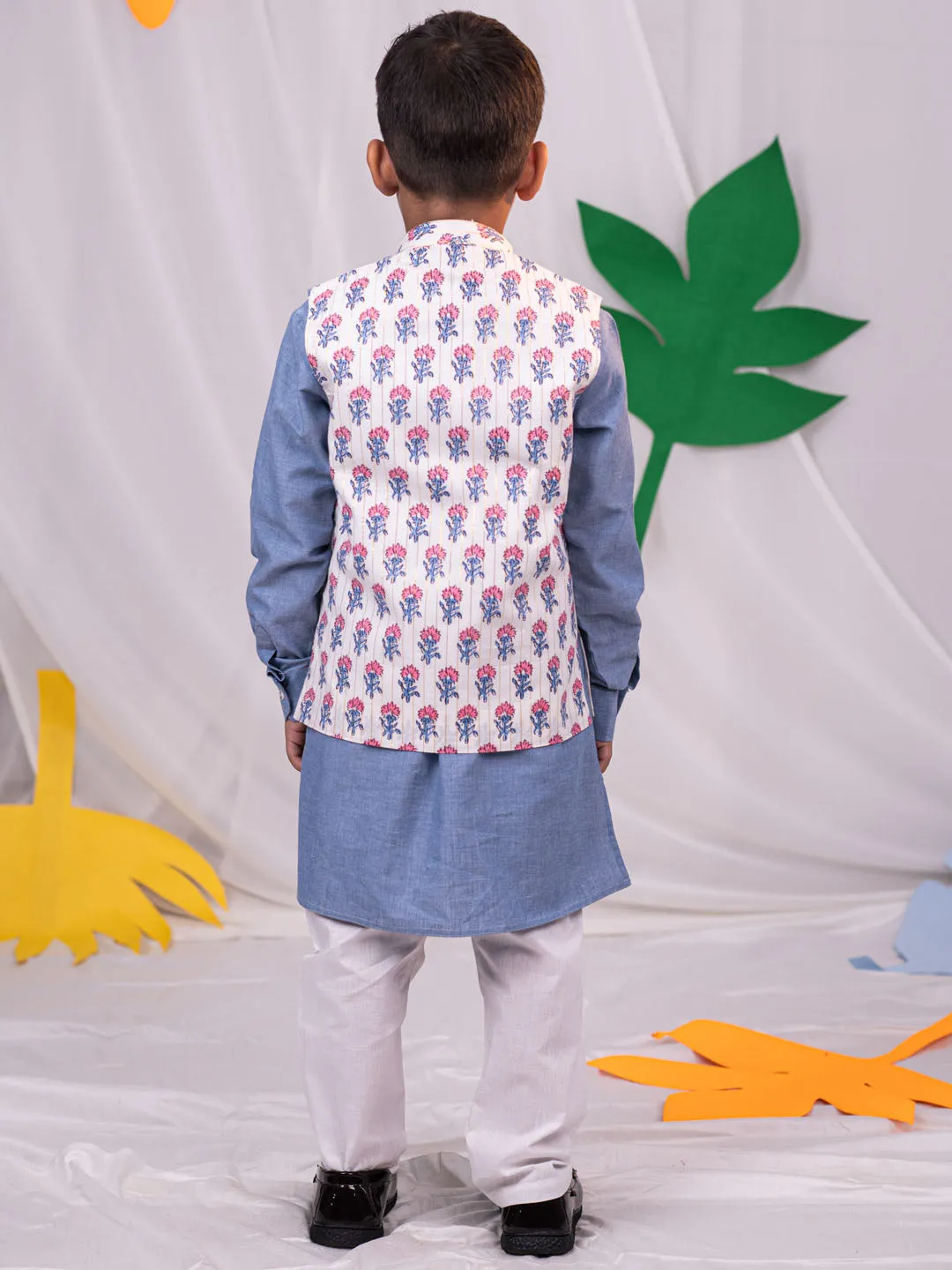 Jashvi Boys' Gray And White Jacket, Kurta and Pyjama Set